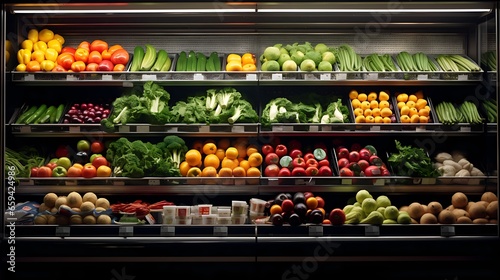 Chilled fruits and vegetables displayed on a supermarket shelf