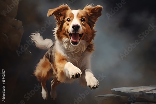 Dog who is jumping; dark background