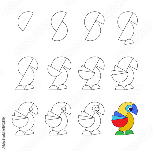 Worksheet easy guide to drawing cartoon parrot. Simple step-by-step drawing tutorial for kids.