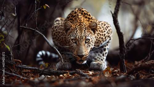 Leopardo agazapado listo para cazar mirando a la cámara