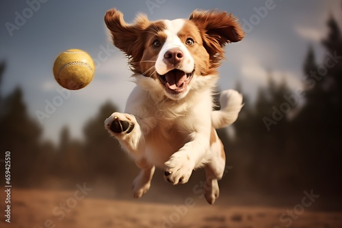 Dog who is jumping to catch a tennis ball
