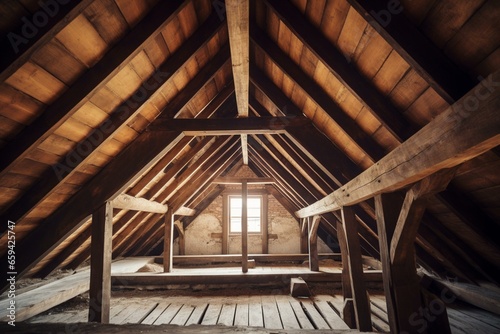 Attic framework made of wooden roof beam. Generative AI © Elaria