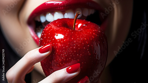 une bouche de femme qui croque dans une belle pomme rouge - fond noir photo