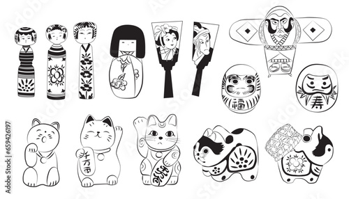 A set of hand-drawn traditional toys in Japanese New Year.  The Japanese characters  "fortune,longevity, and  ten million ryo." 