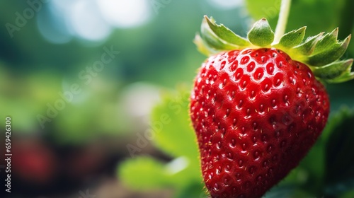  a close up of a ripe strawberry on a plant with green leaves.  generative ai
