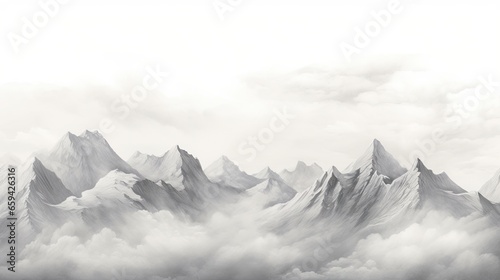  a black and white photo of a mountain range in the clouds.  generative ai © Olga