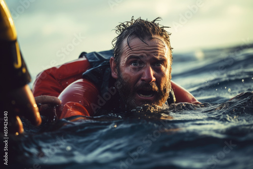Drowning man in the sea reaching for help from the rescuer photo