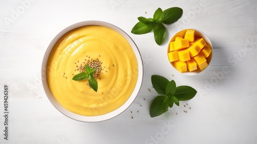  a white bowl filled with a yellow dip next to a bowl of sliced mangoes. generative ai