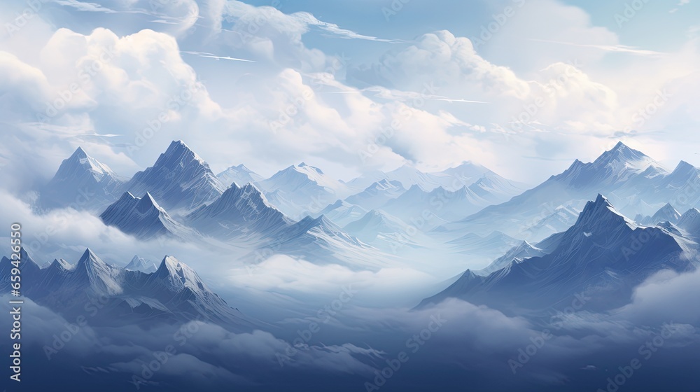  a painting of a mountain range in the sky with clouds.  generative ai