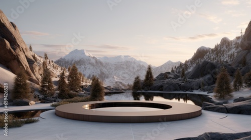  a circular bench sitting in the middle of a snow covered field. generative ai