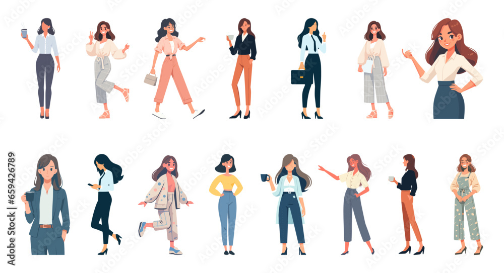 Businesswomen collection. Set of businesswoman or office worker characters with various poses, facial emotions and gestures. Flat graphic vector illustrations isolated on white background.