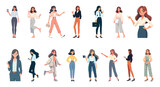 Businesswomen collection. Set of businesswoman or office worker characters with various poses, facial emotions and gestures. Flat graphic vector illustrations isolated on white background.