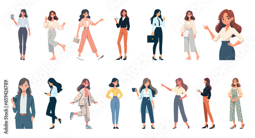 Businesswomen collection. Set of businesswoman or office worker characters with various poses, facial emotions and gestures. Flat graphic vector illustrations isolated on white background.