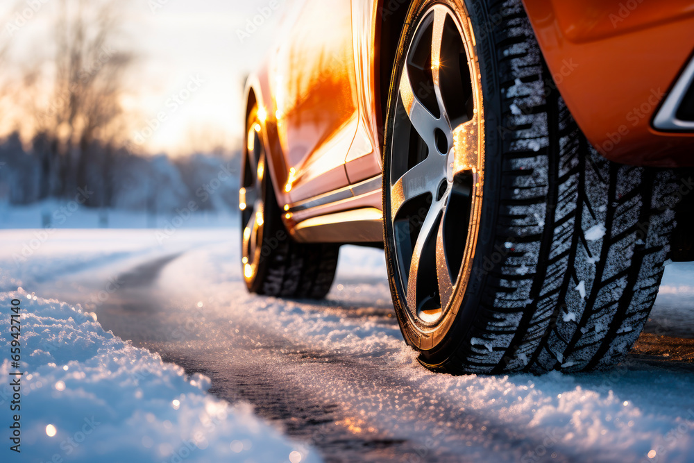 Low angle view of an orange car stopped on a winter road