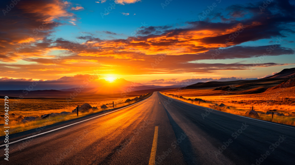 Orange sunset over a road, travel concept