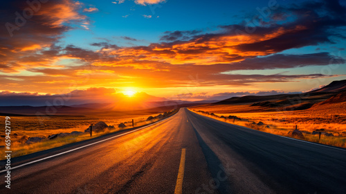 Orange sunset over a road, travel concept