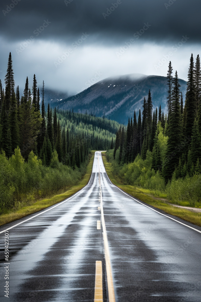 Empty road in British Columbia, Canada, during moody autumn weather