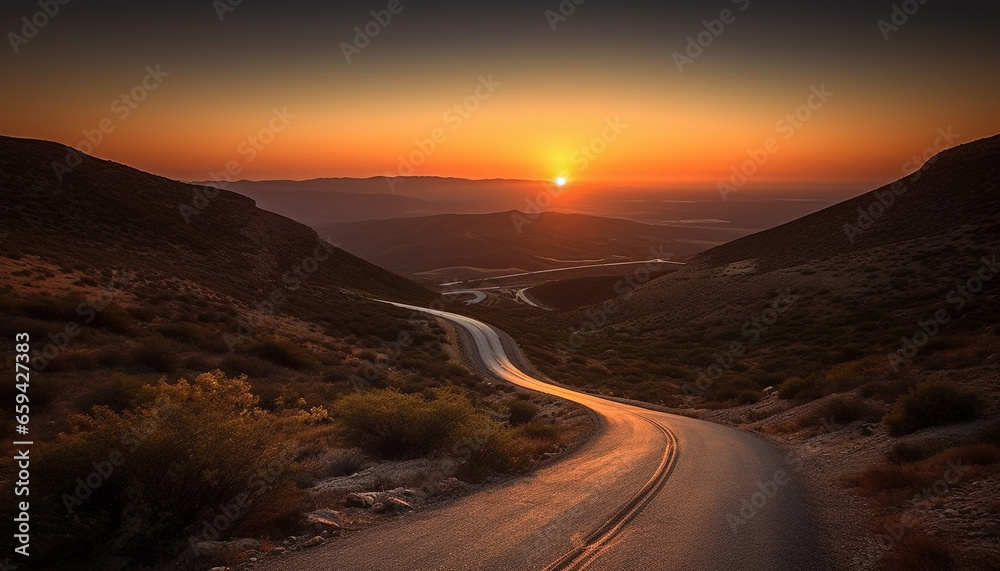 Sunset over mountain range on rural country road generated by AI