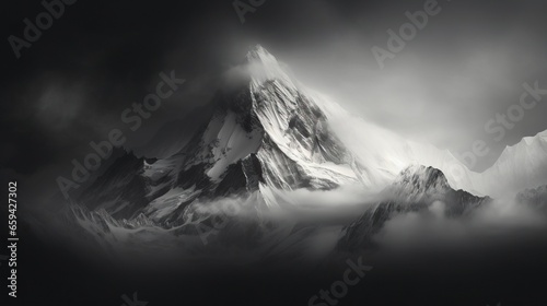  a black and white photo of a mountain in the clouds.  generative ai © Olga