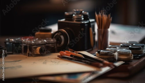 Craftsman table displays antique camera collection beautifully generated by AI
