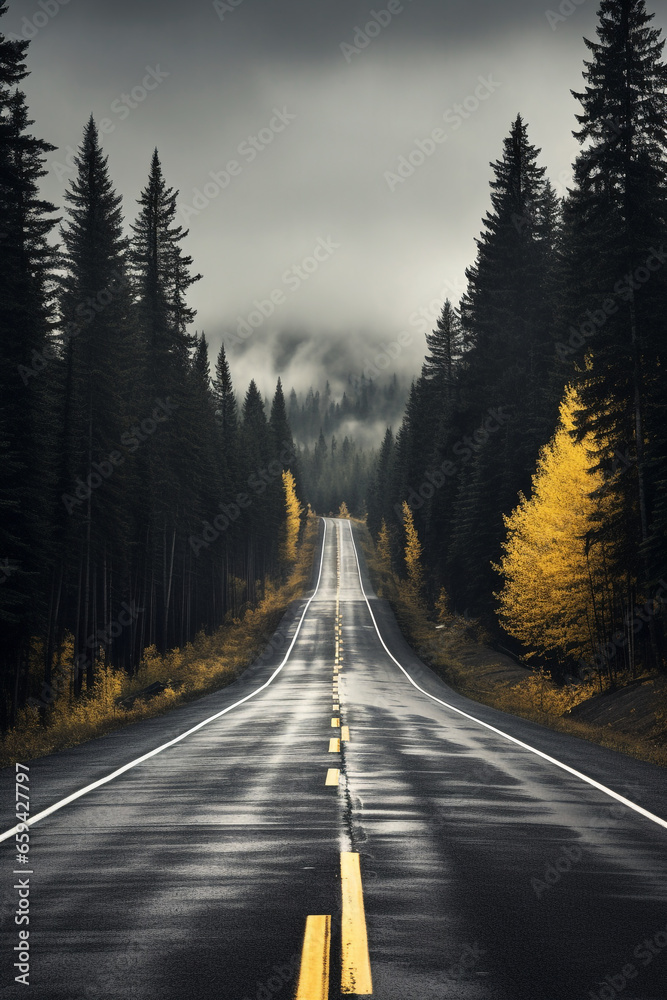 Naklejka premium Empty road in British Columbia, Canada, during moody autumn weather