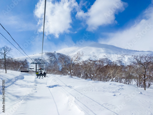 View of the ski resort summit from a chairlift (Niseko, Hokkaido, Japan)