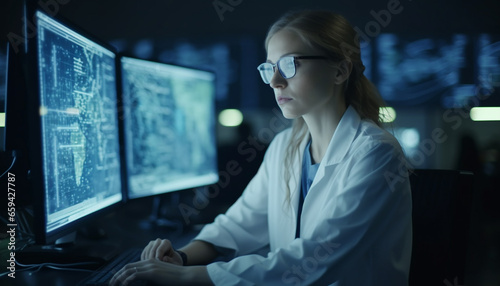 Young women analyzing data in futuristic laboratory generated by AI