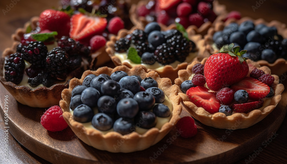 Rustic berry dessert plate with sweet pie and homemade cheesecake generated by AI Rustic berry dessert plate with sweet pie and homemade cheesecake generated by AI