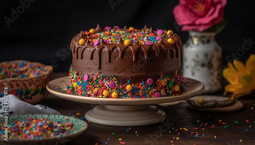 Sweet homemade birthday cake with chocolate icing and colorful decoration generated by AI