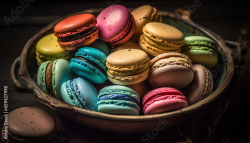 A heap of gourmet French macaroons, ready to indulge in generated by AI