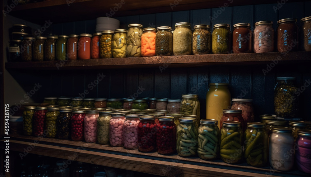 Organic vegetable collection in glass jars on wooden shelf indoors generated by AI