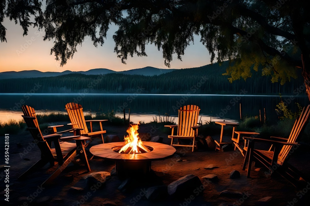 Create a lakeside campfire scene with camping chairs and a rustic table under the stars