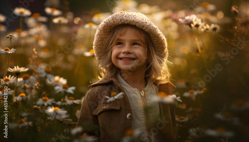 Smiling child in nature, cute and cheerful, surrounded by flowers generated by AI