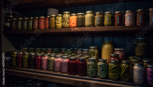 Organic vegetable collection in glass jars on wooden shelf indoors generated by AI