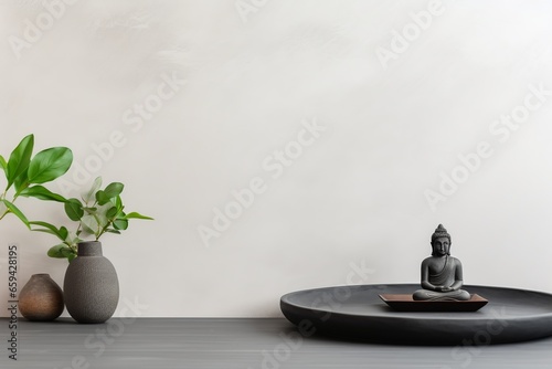 A peaceful flat lay of a meditation space, adorned with zen decor elements, offering a serene environment to foster mindfulness and relaxation.
