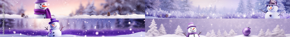 Fototapeta premium イメージカラー紫の雪だるまの背景用素材セット
