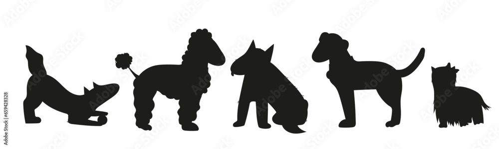 Collection of vector dog breed silhouettes, perfect for design projects, logos vector illustration isolated on white. Dogs silhouettes and black contours in row.