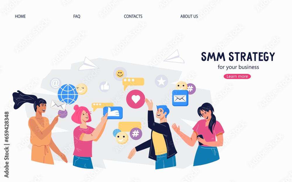 Web banner or landing page for social media management, business process of creating, scheduling and analyzing content topics, flat vector illustration on white background.