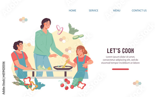 Kids cooking class website or landing page template designed to promote culinary master classes for children, flat vector illustration isolated on white background. Kids workshop lesson.