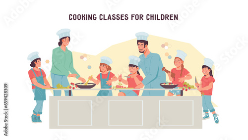 Kids cooking class design template designed to promote the fun and educational aspects of master classes for children, flat vector illustration isolated on white background.