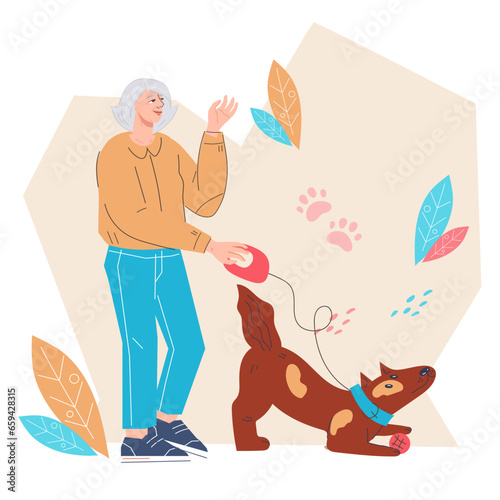 Elderly senior woman walking with dog at park flat vector illustration isolated on white. Happy dog owner spending time outdoors with pet.