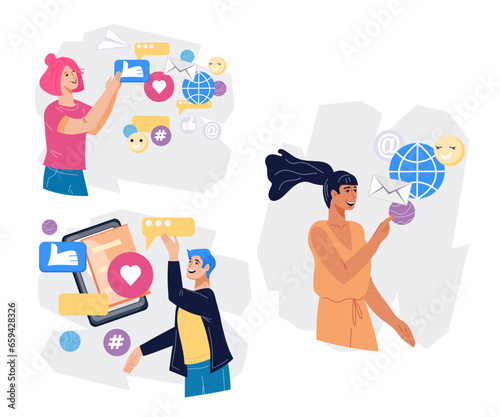 Social media management and strategies for success, flat vector illustration isolated on white background. Digital advertising, social media marketing.