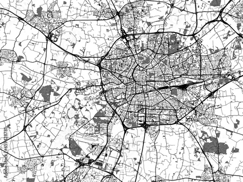 Greyscale vector city map of Rennes in France with with water, fields and parks, and roads on a white background.