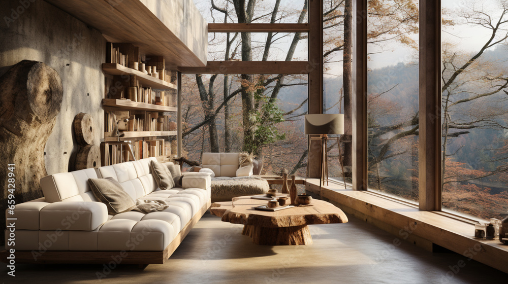 Interior Design, Minimalistic Living room with serene nature view, Beautiful villa design in the forest Interior Design, Minimalistic Living room with serene nature view, Beautiful villa design in the forest