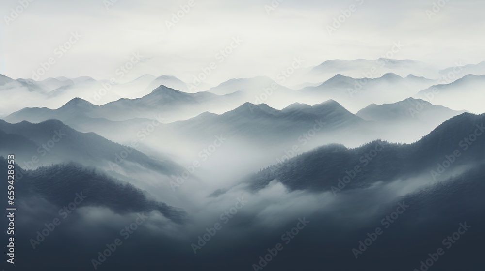  a view of a mountain range with a foggy sky.  generative ai