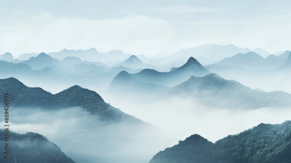  a mountain range covered in fog and low lying clouds in the distance.  generative ai
