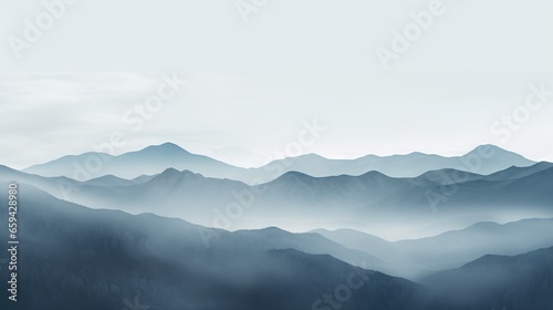  a view of a mountain range in the foggy day. generative ai
