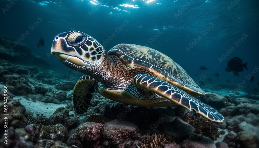 Green hawksbill turtle swims in tranquil underwater reef environment generated by AI