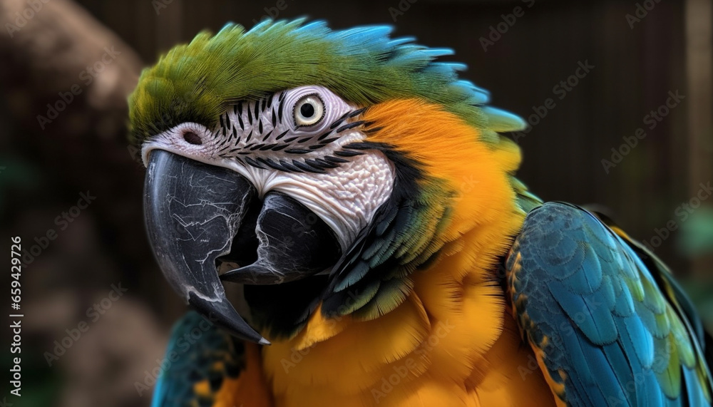Fototapeta premium Vibrant macaw perched on branch in rainforest generated by AI