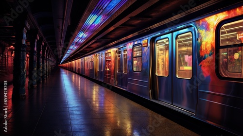  a subway train with its doors open at a station at night. generative ai